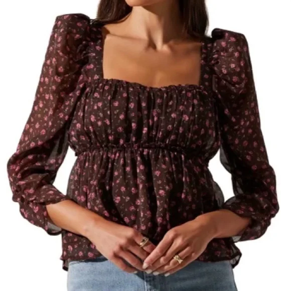 Astr the Label Floral Smocked Top-XL, Puff Sleeve Boho Chic Blouse - Picture 9 of 9